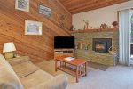Mammoth Vacation Rental Snowflower 11- Living Room Stairs Pellet Stove